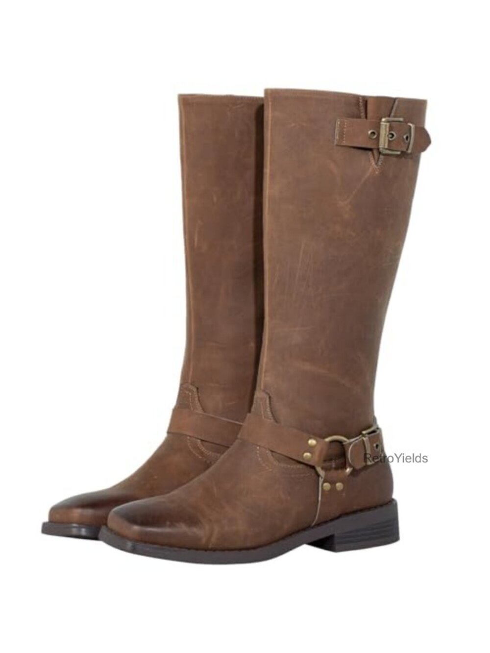 Wide Calf Knee High Boots Faux Leather Square Toe Low Heel Women